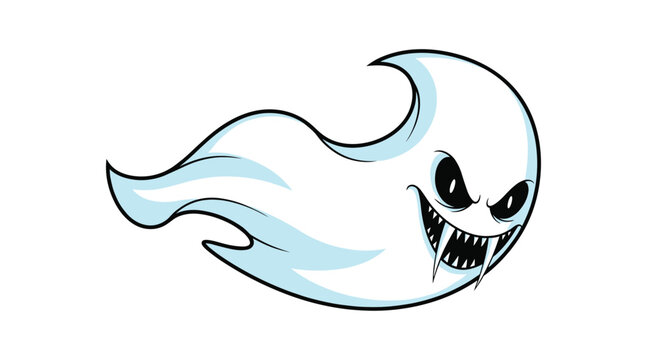 Scary white ghost with sharp vampire fangs and glowing black eyes flying forward with a menacing and aggressive expression.