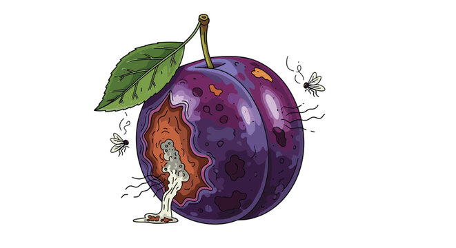 Ripe purple plum starting to rot with flies buzzing around and liquid leaking out of a large hole on the side of fruit.