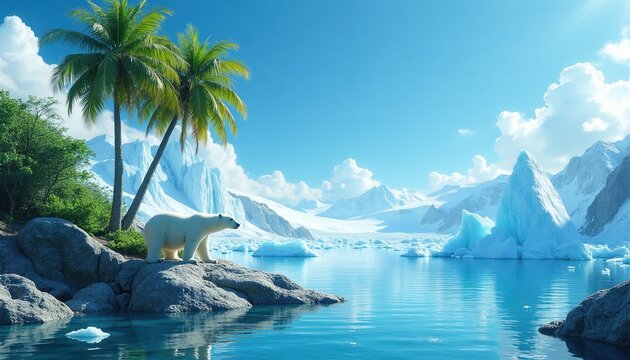 Polar bear walks on rocks near palm trees by icy water. Glacial landscape with icebergs under blue sky. Animals coexist in contrasting climates.