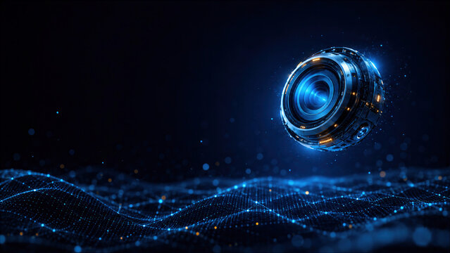 Futuristic glowing camera lens orb hovering above a blue digital network mesh landscape, representing artificial intelligence and machine vision.