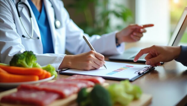 Doctor and patient discuss healthy food plan. Doctor writes notes while patient points at chart. Fresh vegetables and meat on table show diet ingredients. Healthy lifestyle consultation.