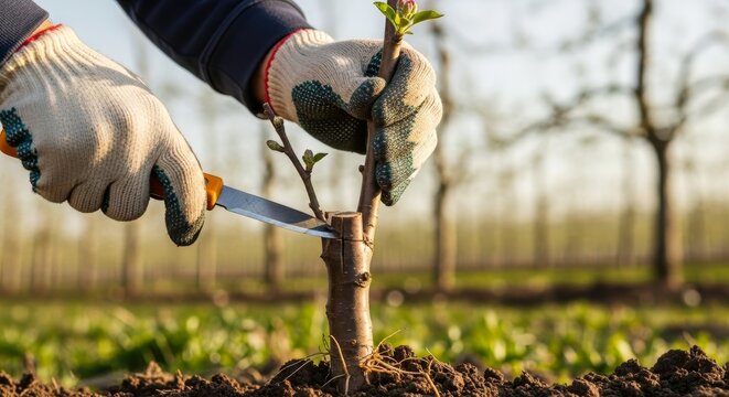 Man pruning young tree sapling in orchard during sunny day  