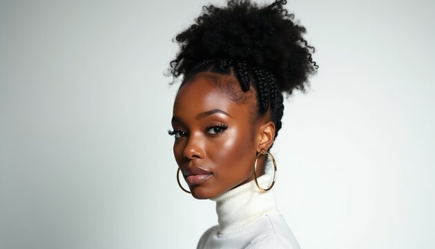 Young African American woman sports bantu knots hairstyle. Elegant lady with golden hoop earrings wears white turtleneck. Her natural beauty and style are celebrated.