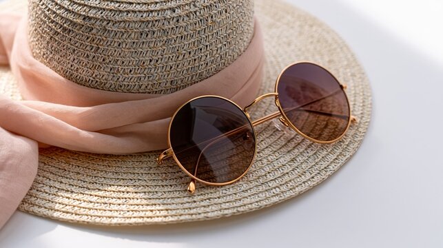 Elegant Summer Fashion Flat Lay With Minimal Beach Hat and Sunglasses on Clean White Background for Warm Weather Style Inspiration