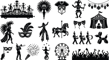 Carnival and festival silhouette vector collection featuring parade floats, performers, masks, and celebration icons for creative projects © MdMoksed