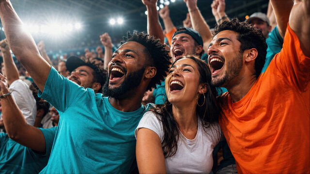 Diverse Group of Excited Young Sports Fans Cheering and Shouting with Raised Arms in a Crowded Stadium Arena at Night