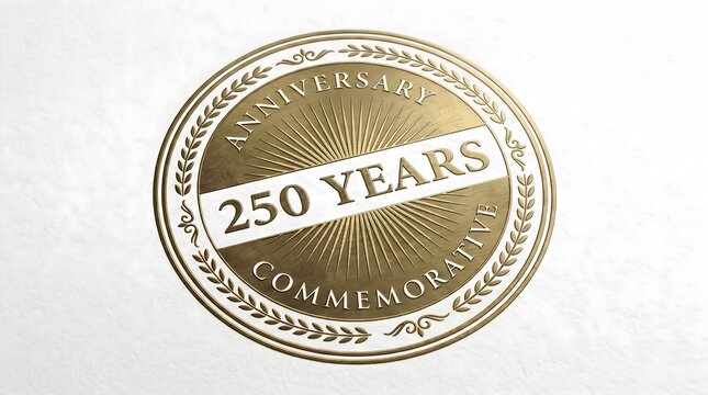 Golden 250 years anniversary seal, commemorative gold medal with laurel wreath, elegant metallic emblem for bicentennial celebration on white background