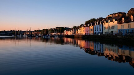 Obraz premium A picturesque row of brightly colored buildings lines a waterfront under soft evening light