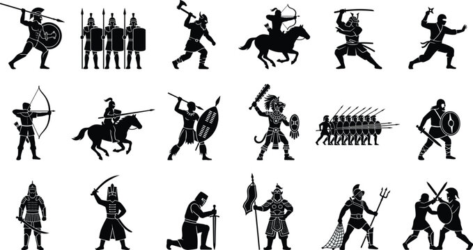 Historical warrior silhouette collection featuring samurai, gladiators, vikings, archers, and diverse ancient combat traditions in vector design