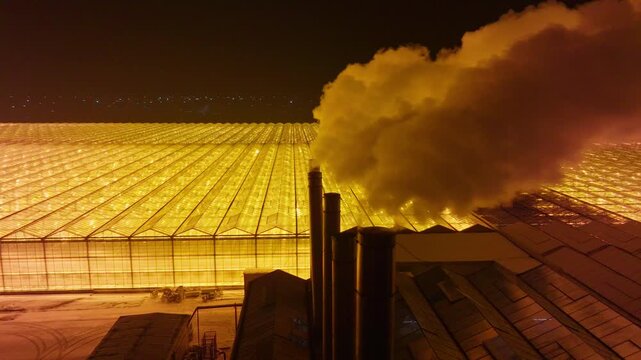 Aerial nighttime view of a vast illuminated greenhouse complex, its glowing yellow horticultural lighting visible through glass roofs as steam rises from industrial stacks.