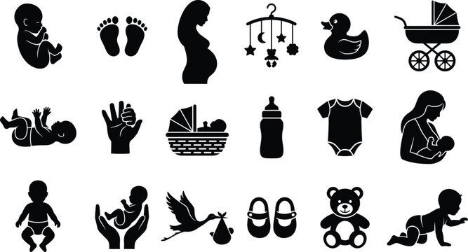Pregnancy and baby silhouette collection with mother, infant care, family symbols, and childcare icons in vector design