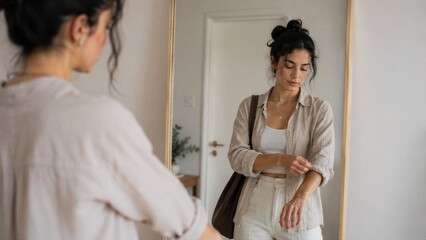 Obraz premium A woman is checking her appearance in the mirror, adjusting her shirt sleeve, getting ready for the day. She wears a beige shirt and white pants, carrying a brown bag.