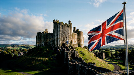 Rochester Castle with Union Jack flag against cloudy sky, symbols of UK heritage and English history