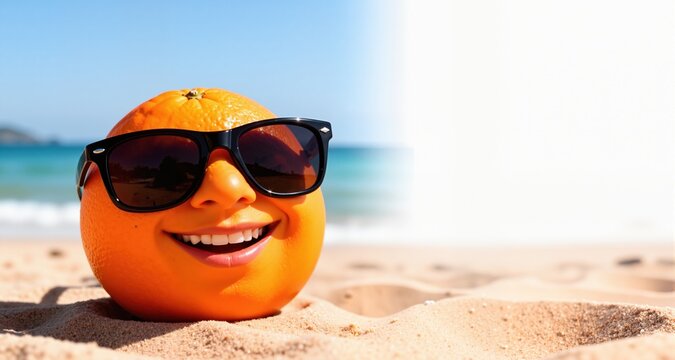 Funny Orange Wearing Sunglasses on Beach, Summer Vacation/Holiday Concept With Copy Space
