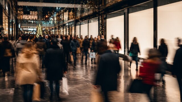A bustling shopping street filled with many people walking and carrying shopping bags. The scene depicts a vibrant commercial atmosphere with blurred figures, suggesting movement and activity