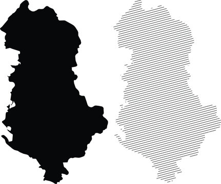 Albania map vector silhouette, black solid and hatched line administrative borders, Balkan country geographic outline for infographics