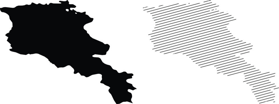 Armenia map silhouette vector, black solid and hatched line administrative borders, minimalist country outline for geography and travel infographics