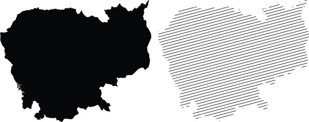 Cambodia map silhouette and hatched line art, black solid vector map of Cambodia, minimalist geographic border outline for travel infographics © Masud010
