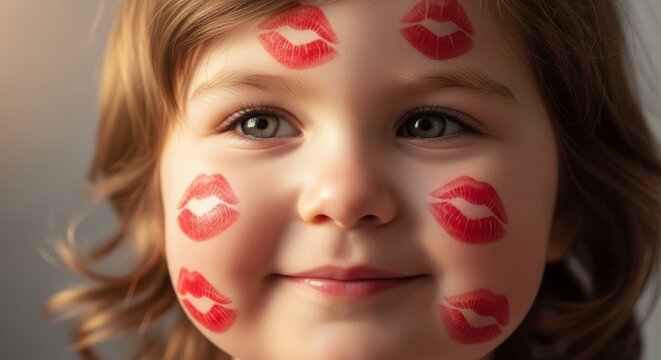 Smiling cute toddler with red lipstick kiss marks on her face celebrating Mother's Day.