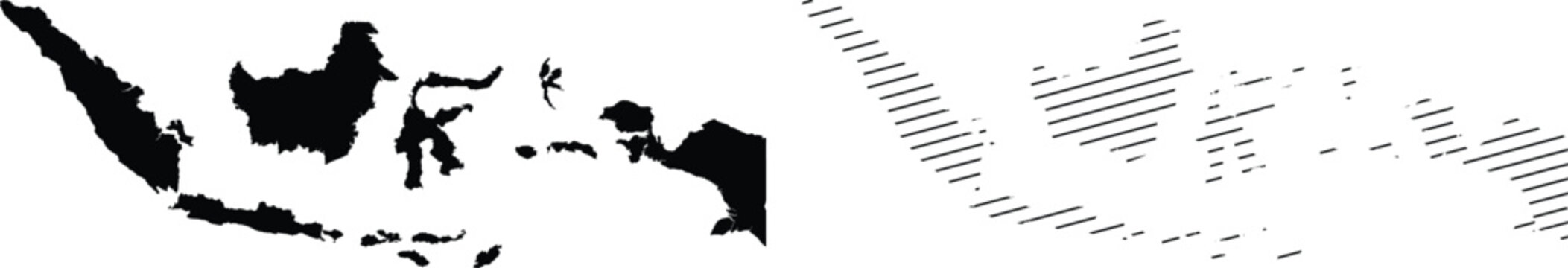 Indonesia map vector set, black silhouette and hatched line art of Indonesian islands, minimalist geography graphics for travel and education