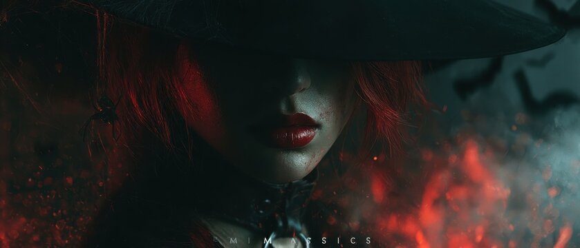 medium close-up, a mysterious witch figure with long red hair. The brim of her tall black hat hides her eyes. Her powerful red lips and lower face are highlighted