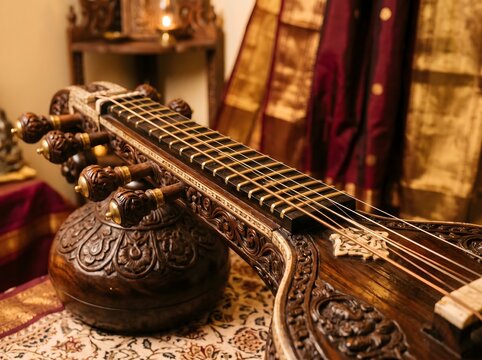 Traditional Indian Veena String Instrument Showcasing Intricate Carvings in a Warm Cultural Setting for Music and Heritage Concept
