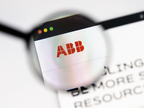 Milan, Italy 2026, 20 Apr Closeup of ABB website on a laptop screen. ABB logo under a magnifying glass.