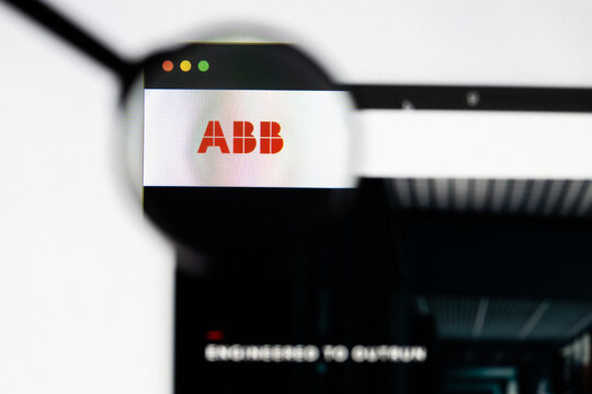 Milan, Italy 2026, 20 Apr Closeup of ABB website on a laptop screen. ABB logo under a magnifying glass.
