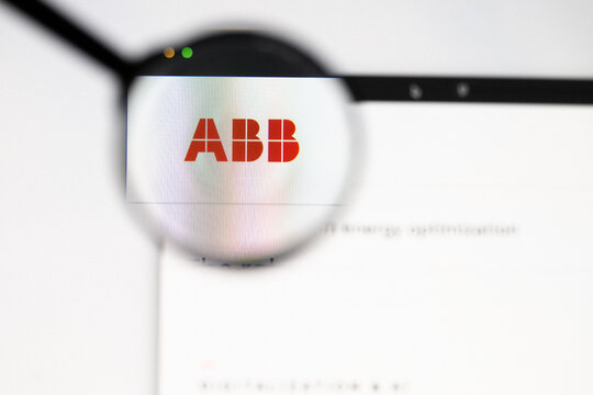 Milan, Italy 2026, 20 Apr Closeup of ABB website on a laptop screen. ABB logo under a magnifying glass.