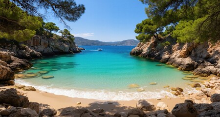 Obraz premium Secluded cove beach, turquoise water, summer vacation 