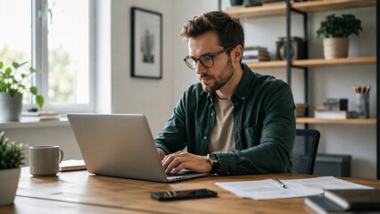 Obraz premium A man wearing glasses and a dark green shirt is typing on a laptop while sitting at a wooden desk. He appears focused on his work in a home office setting