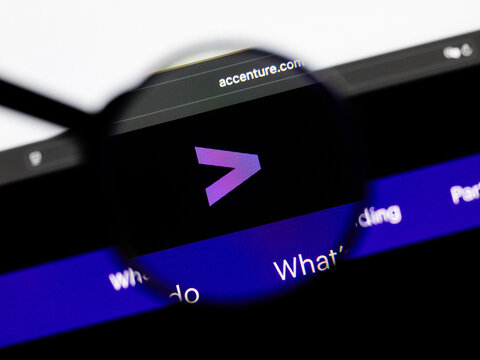 Milan, Italy 2026, 20 Apr Closeup of Accenture website on a laptop screen. Accenture logo under a magnifying glass.