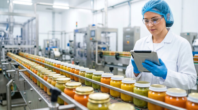 A worker in a lab coat and gloves uses a tablet to inspect jars on an assembly line in a food production facility. Equipment is visible in the background. The scene takes place during daylight hours