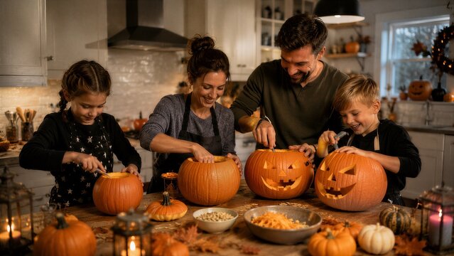 Family carving pumpkins for Halloween in a kitchen setting. A mother, father, and two children are gathered around a table, happily engaged in decorating the gourds.