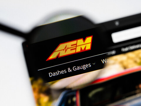 Milan, Italy 2026, 20 Apr Closeup of AEM website on a laptop screen. AEM logo under a magnifying glass.