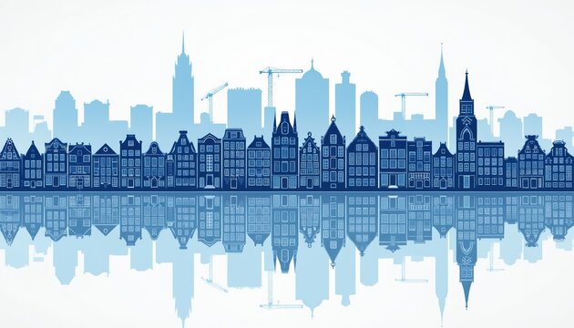 Blue buildings of Amsterdam city skyline shown with reflections. Modern skyscrapers and historic dutch gables stand together. Cranes suggest urban development. Concept for travel.