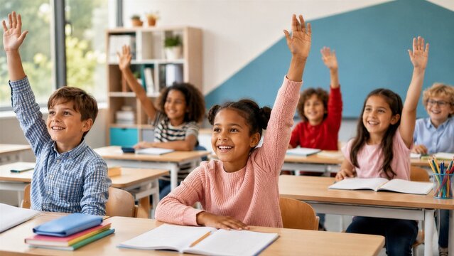 A diverse group of young students in a bright classroom, eagerly raising their hands to answer a question. Their faces are full of curiosity and enthusiasm, reflecting a positive learning environment