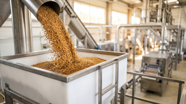 Grain flows from a chute into a large bin inside a food processing facility. Steel machinery surrounds the bin and sunlight enters through large windows. Workers may be nearby