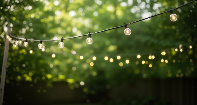 outdoor party string lights hanging in backyard on green bokeh background with copy space

