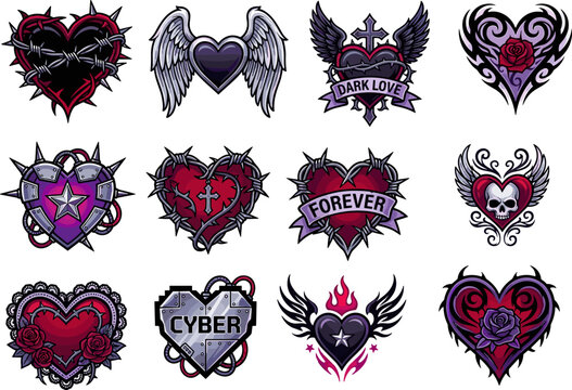 Gothic and cyberpunk heart tattoo vector icon set, dark love stickers with wings barbed wire cross skull and rose on transparent background