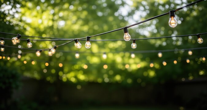 outdoor party string lights hanging in backyard on green bokeh background with copy space
