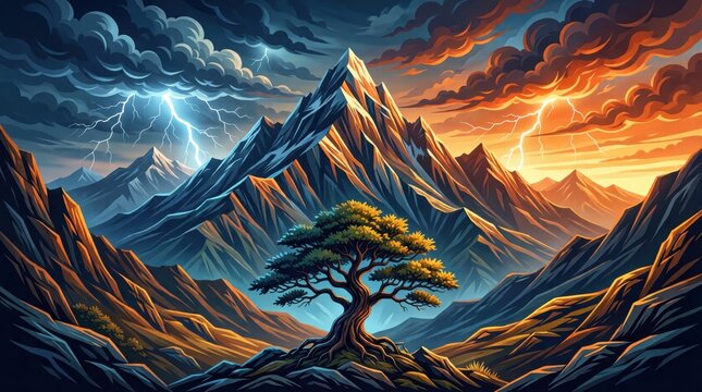 Storm rages over jagged peaks, lightning splits the sky. Lone tree stands defiant, roots gripping rocky soil. Sunset bleeds gold across the horizon, contrasting with stormy clouds