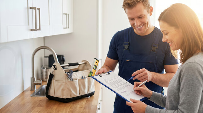A worker is showing a contract to a homeowner in a kitchen. The homeowner is smiling and writing on the contract while the worker holds a clipboard. It is daytime