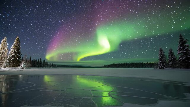 Green and violet auroras dance across sky reflecting perfectly on frozen lake surface timelapse