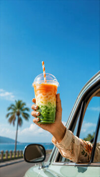 Woman Hand Holding a Tri-colored Layered Smoothie Out of a Car Window During a Summer Coastal Road Trip, Palm Tree and Blue Sky Background