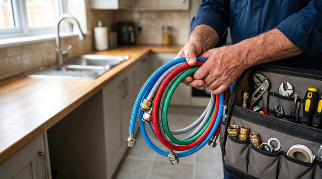 A person is in a kitchen holding several hoses in different colors. The workspace has a sink and organized tools in a bag. It shows plumbing work being done