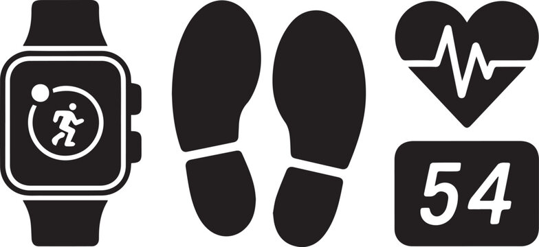 Smartwatch fitness tracking with heart rate and step count on minimalist black icons