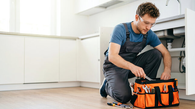 A person kneels on the floor of a kitchen, looking inside an orange toolbox. They are preparing tools for a repair task under the sink. The environment is bright and modern