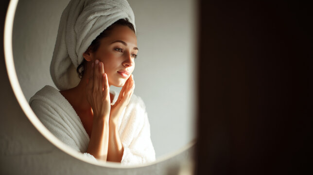 Woman in towel and terrycloth robe touching her face in round mirror during warm morning skincare routine