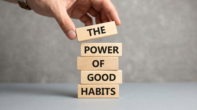 Human hand places a wooden block on a stack featuring the inspiring motivational text about the power of good habits